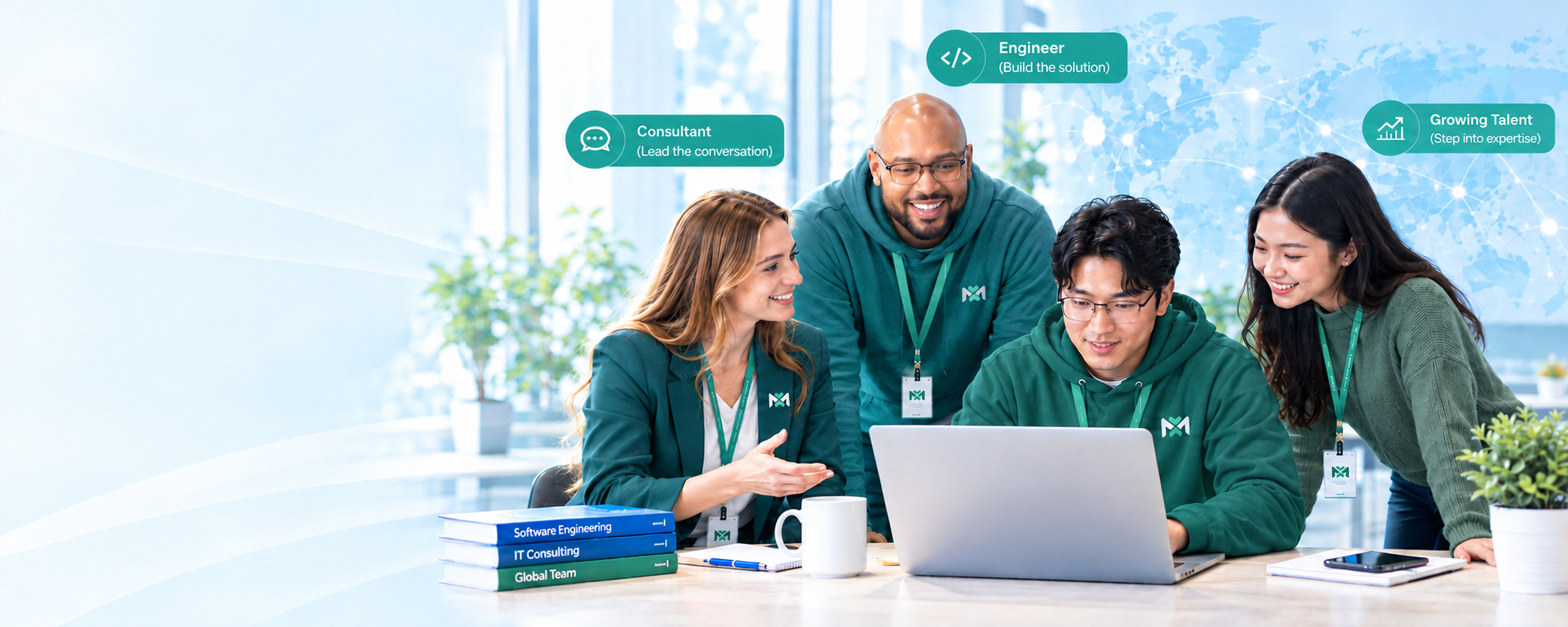 Four colleagues around a laptop, labeled consultant, engineer, and growing talent.