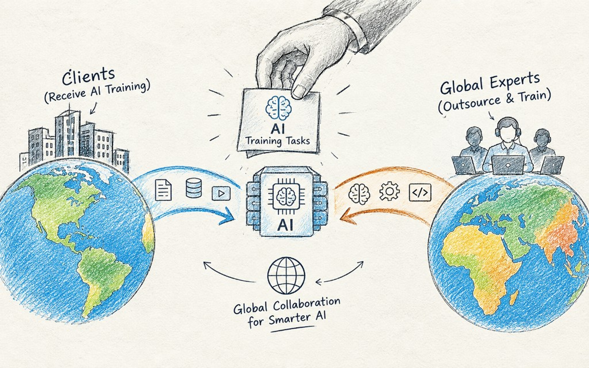 A diagram of clients and global experts sending AI training tasks through a shared model.