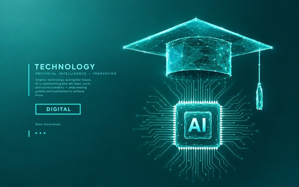 A wireframe graduation cap above a glowing AI chip on a circuit board.