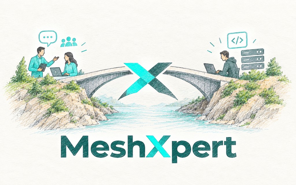 An illustrated bridge joining consultants and an engineer, with the MeshXpert mark at the center.