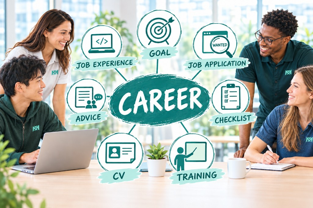 Four colleagues around a laptop, with a career diagram for goals, job experience, applications, advice, a CV, training, and a checklist.