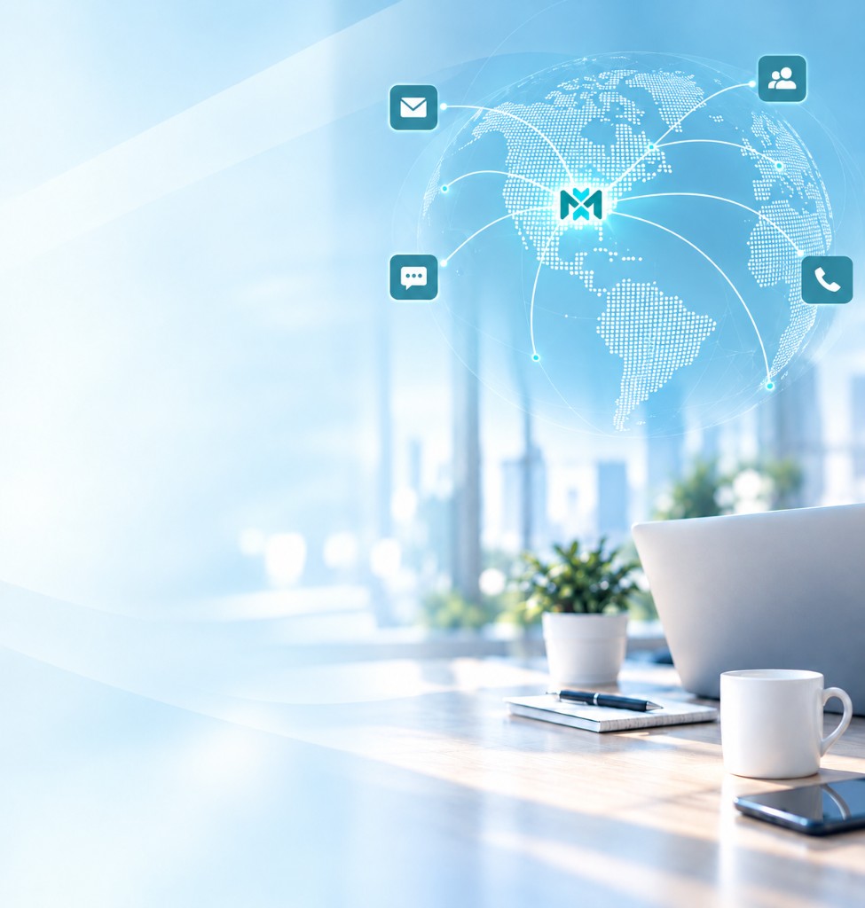 A bright desk by a city window, with a laptop, mug, and a dotted globe carrying the MeshXpert mark.