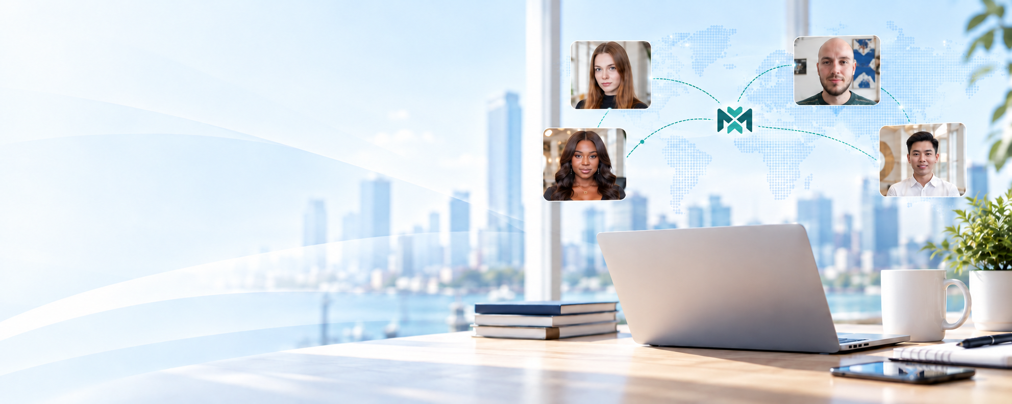 A laptop, books, and mug on a desk by a city window, with four colleagues linked to the MeshXpert mark on a world map.