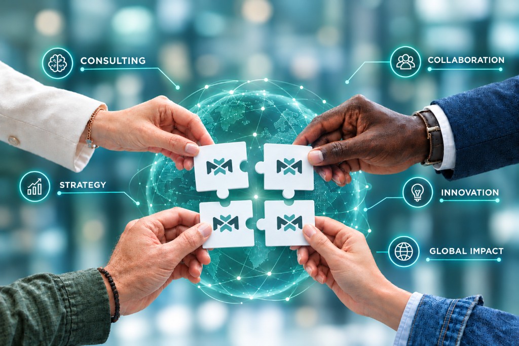 Four hands joining puzzle pieces marked with the MeshXpert mark, labeled consulting, collaboration, strategy, innovation, and global impact.