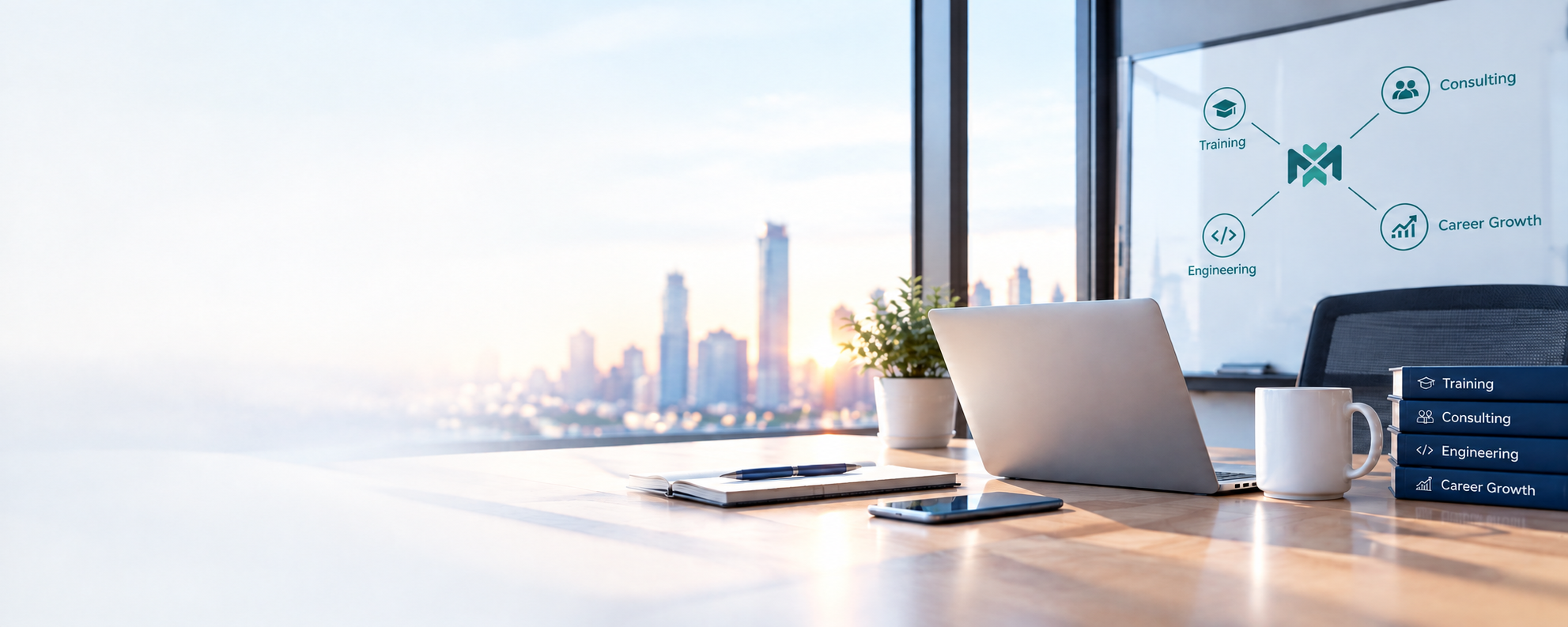 A laptop, mug, and books on a desk by a city window, with training, engineering, consulting, and career growth linked to the MeshXpert mark.