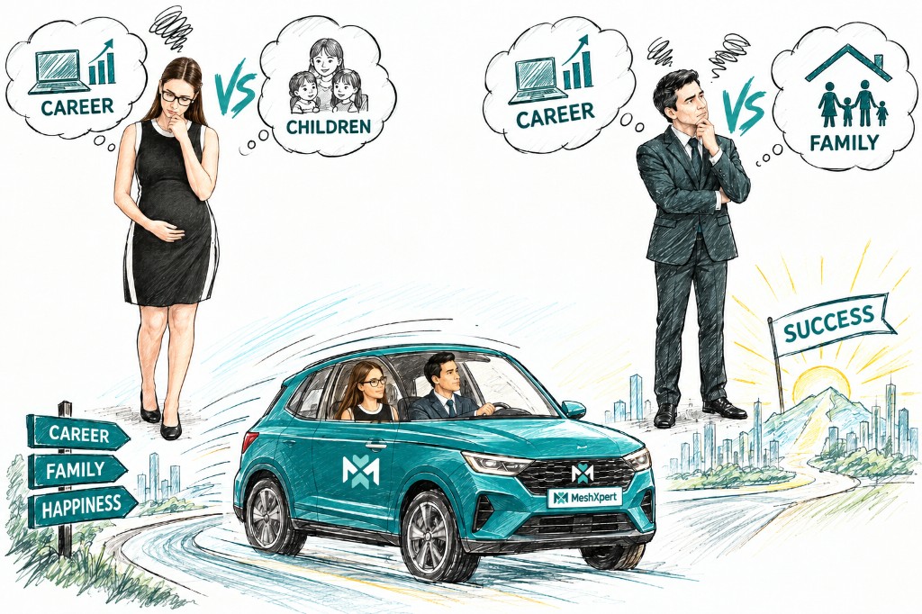 An illustration of people weighing career against children and family, then driving a MeshXpert car toward a success flag.